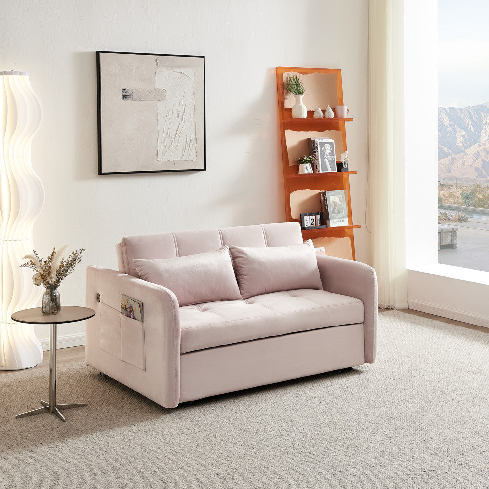 TATEUS 55.5" Twins Pull Out Sofa Bed Velvet for Small Room Pink