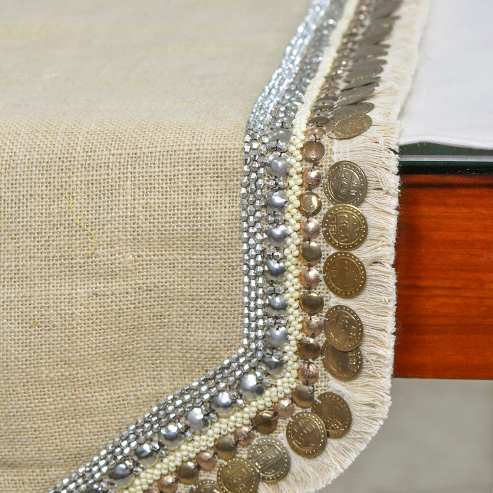 Decorative Table Runner Beige Burlap 14"x90", Lace, Bead, Sequins Marima