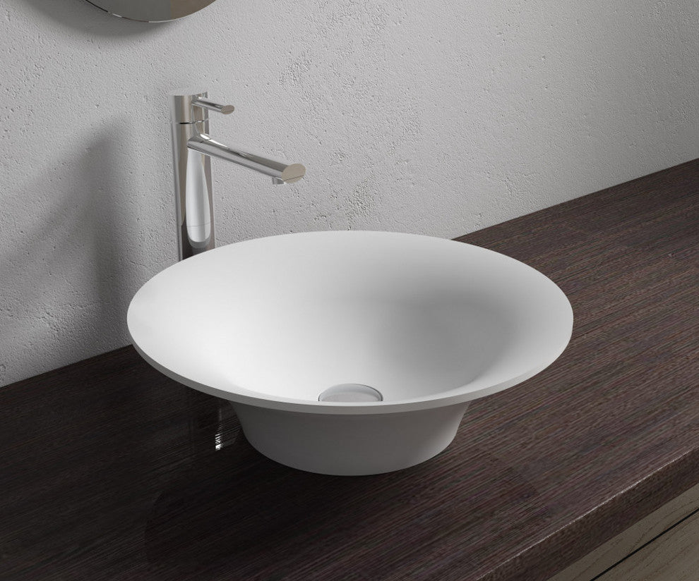 Polystone Round Vessel Bathroom Sink, Matte White, No Faucet