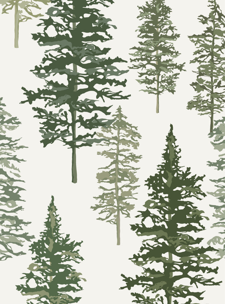 Illustrated Evergreen Forest Peel and Stick Vinyl Wallpaper, Deep Green, 24" X 60"