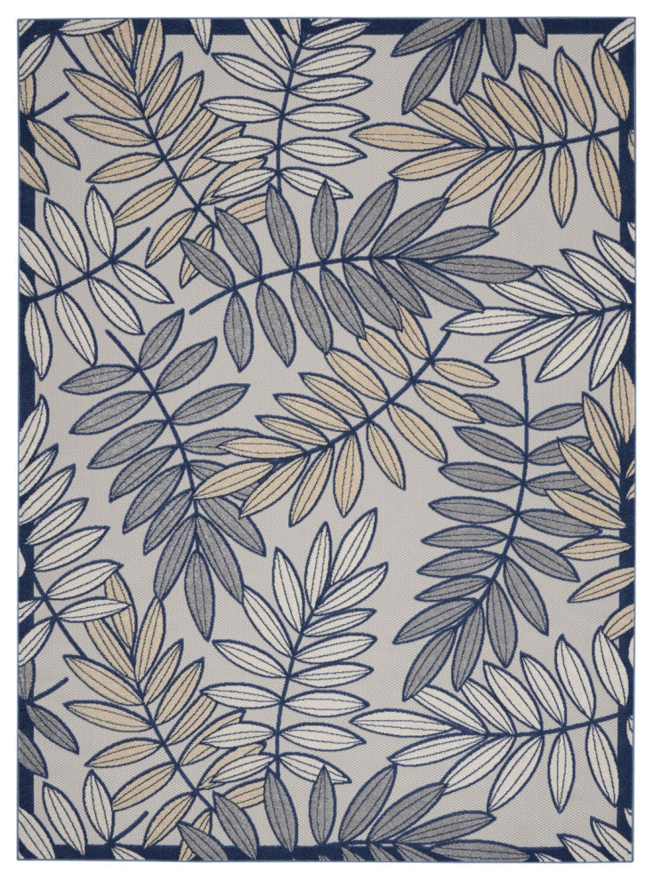 8 x 11' Ivory and Navy Leaves Indoor Outdoor Area Rug