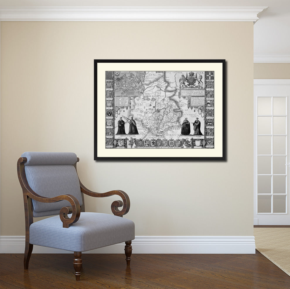 Cambridgeshire Vintage B&W Map Canvas Print, 28"x37"