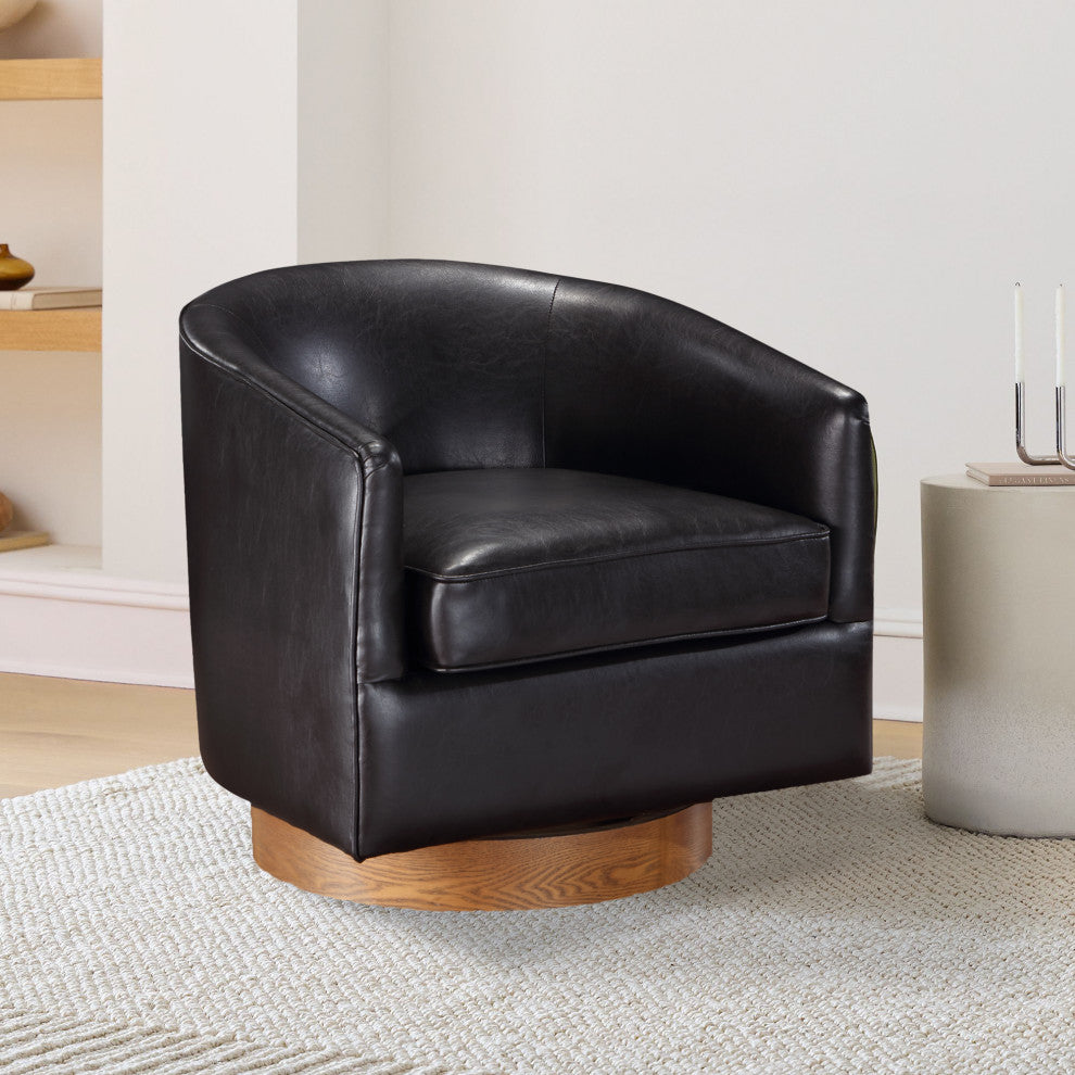 Irving Faux Leather Wood Base Barrel Swivel Chair, Dark Brown