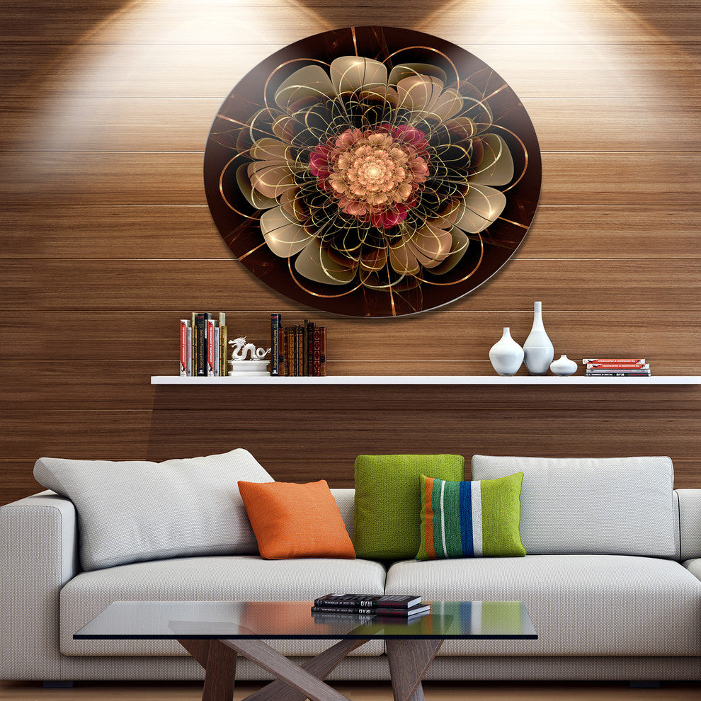Dark Gold Red Fractal Flower Pattern, Floral Disc Metal Artwork, 38"