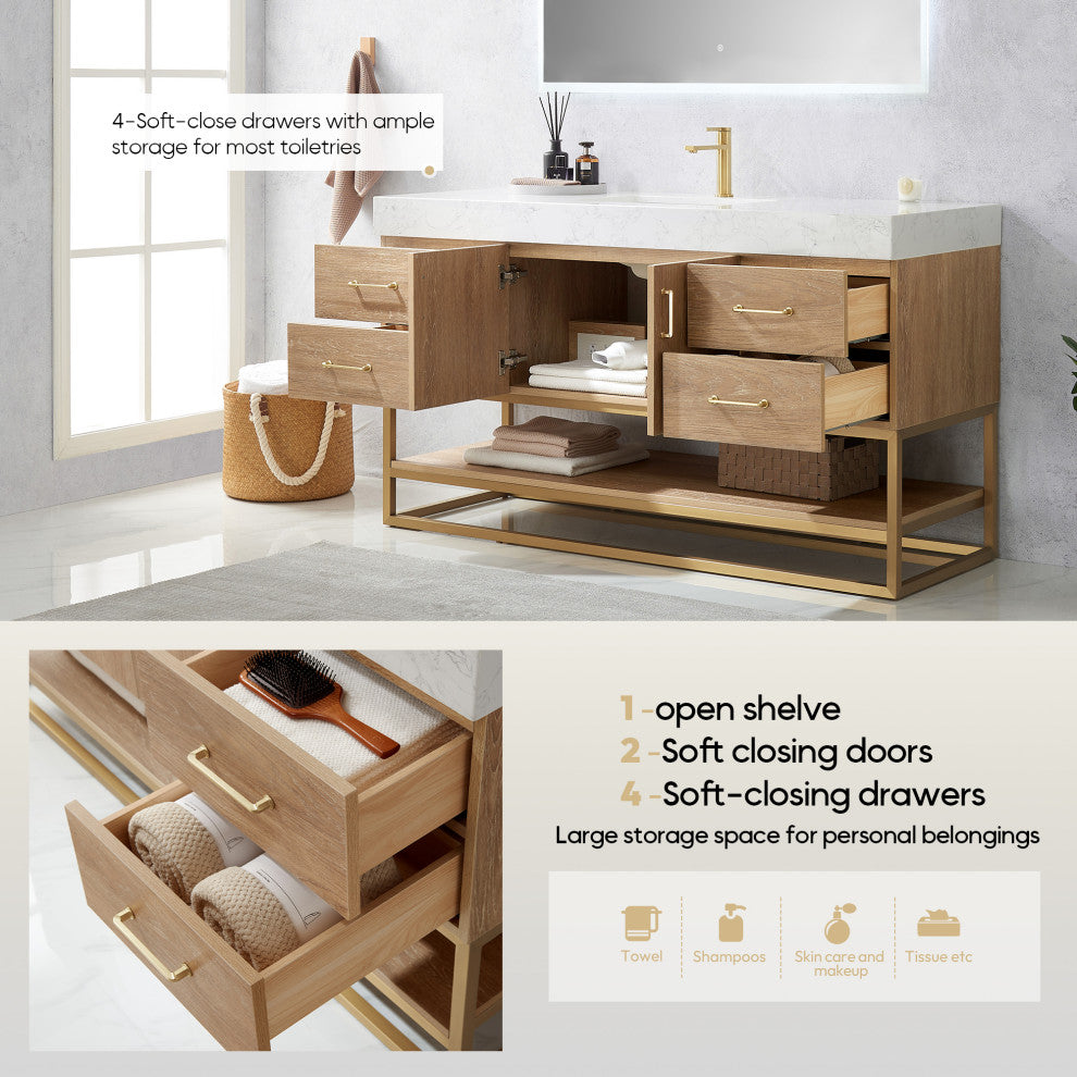 Alistair Vanity, North American Oak With Countertop, 60", With Mirror