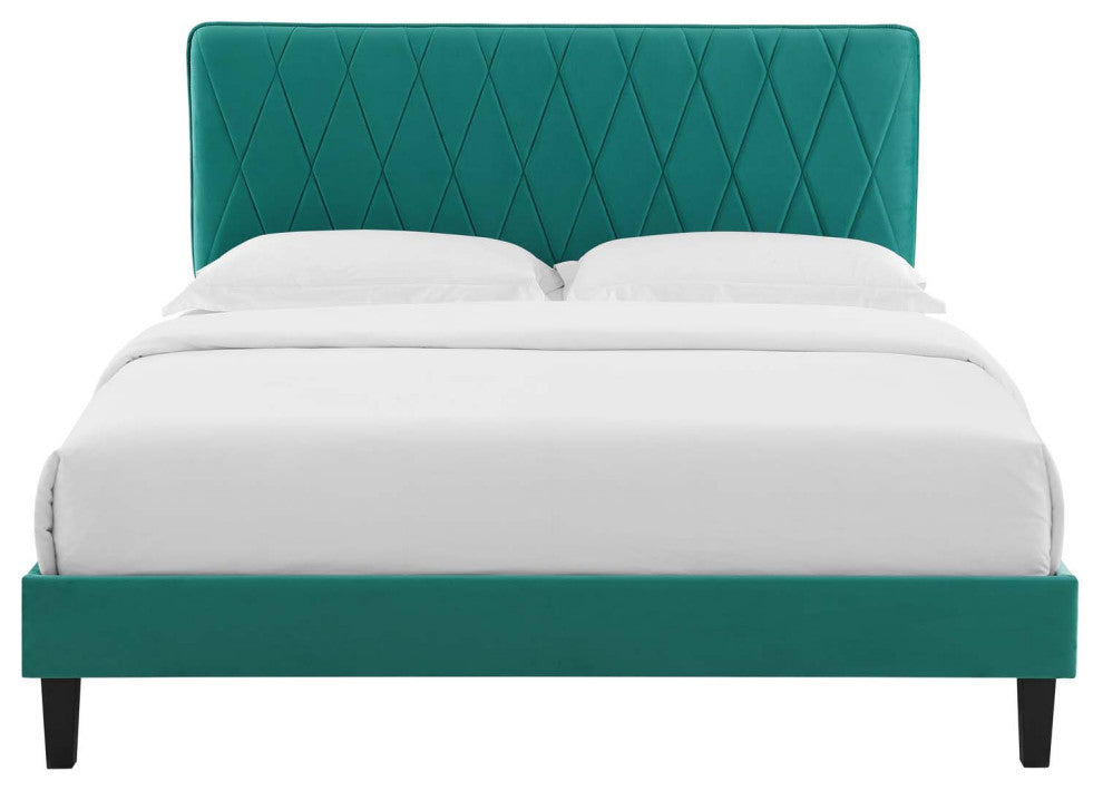 Platform Bed Frame, King Size, Velvet, Teal Blue, Modern Contemporary, Bedroom