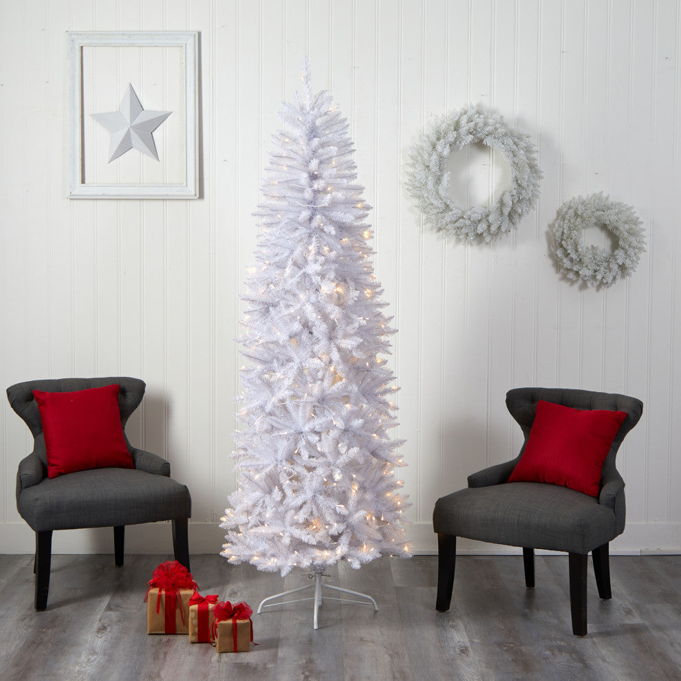 T3361 7 Slim White Artificial Christmas Tree With 300 Warm White LED Lights
