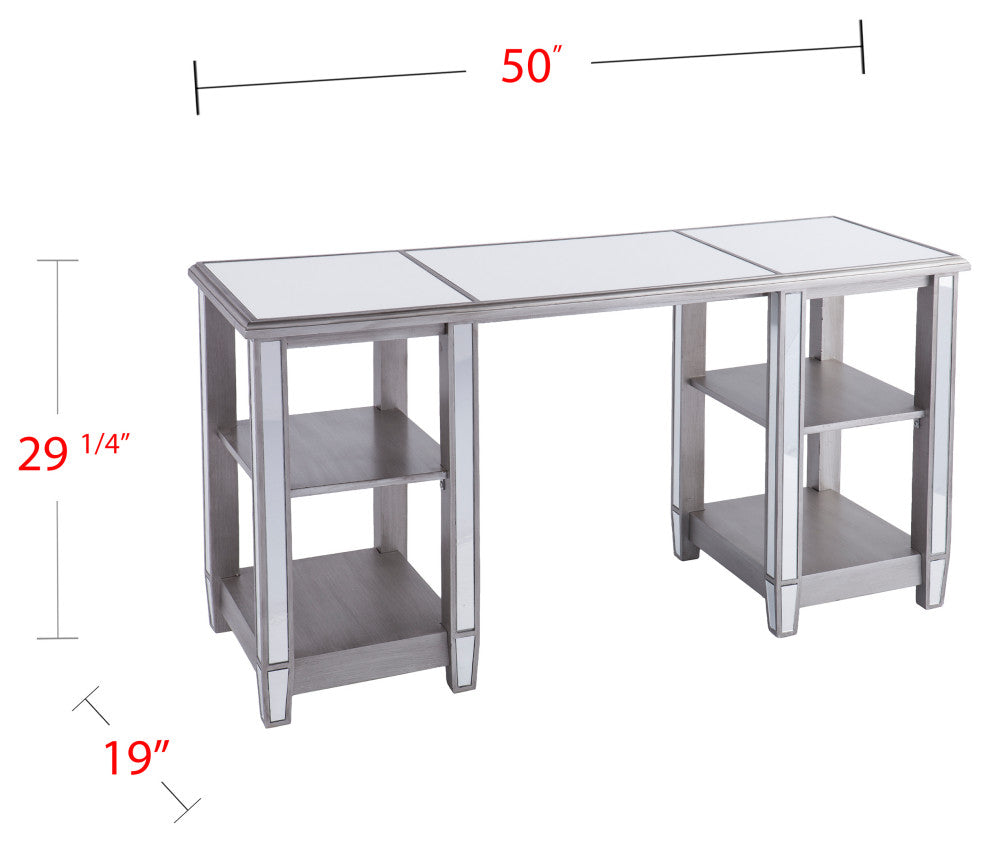 Beattie Mirrored Desk, Glam Style, Brushed Matte Silver With Mirror