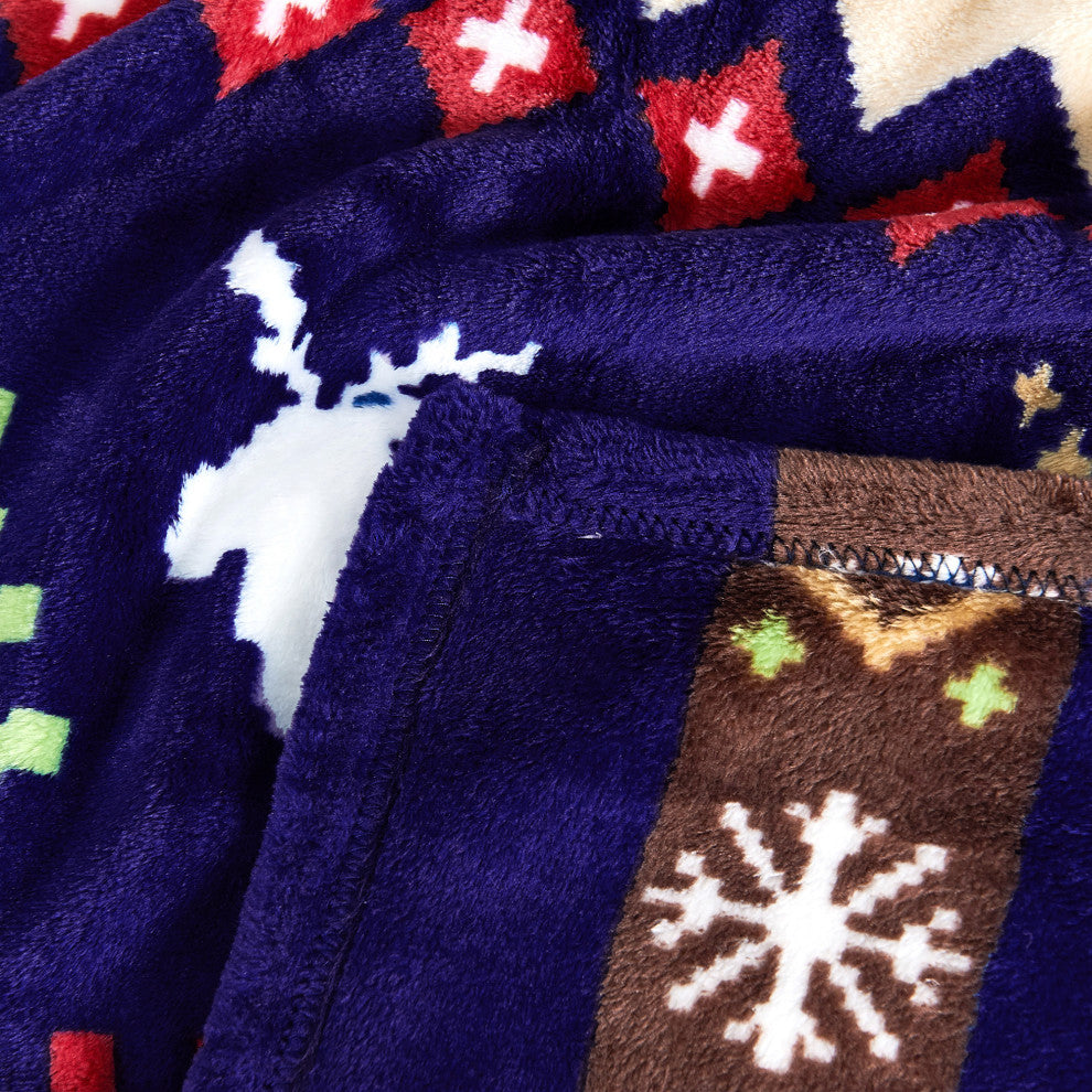 Christmas Deer Flannel Fleece Blanket, Blue Christmas Deer, Twin