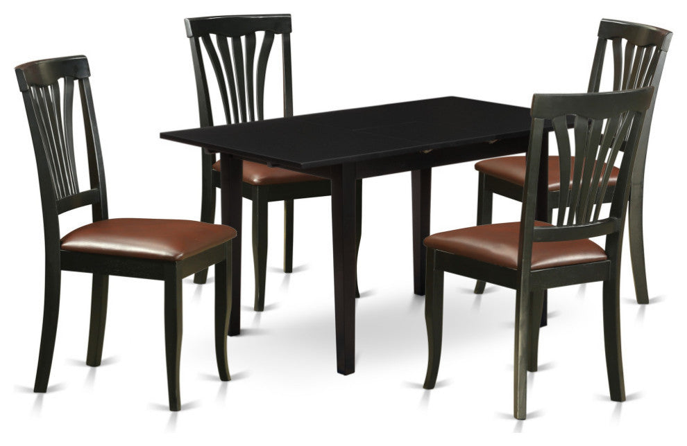 5-PieceDining Set 4 Chairs, Faux Leather Seat, Butterfly Leaf Table, Black
