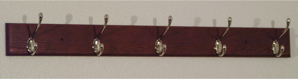 5 Hook Coat Rack, Light Oak, Mahogany/Nickel