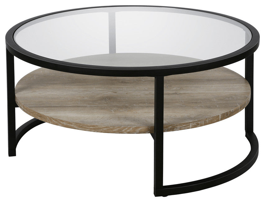 34" Black Glass And Steel Round Coffee Table With Shelf