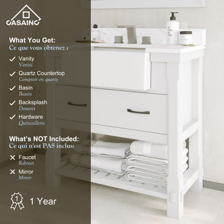 Freestanding Bath Vanity in White with White Quartz Top, 36in