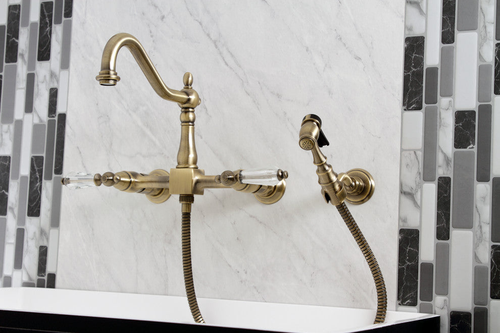 Kingston Brass KS1243WLLBS Wall Mount Bridge Kitchen Faucet, Brass Sprayer