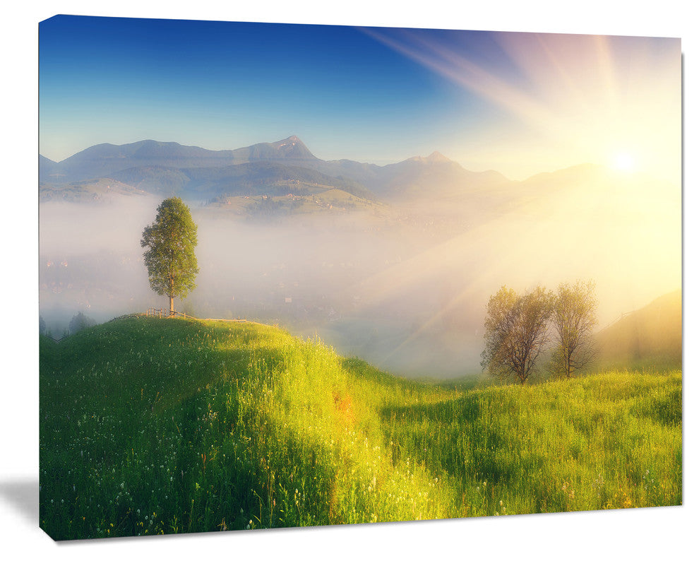 Morning Mist over Mountain Village, Landscape Canvas Art Print, 60"x28"
