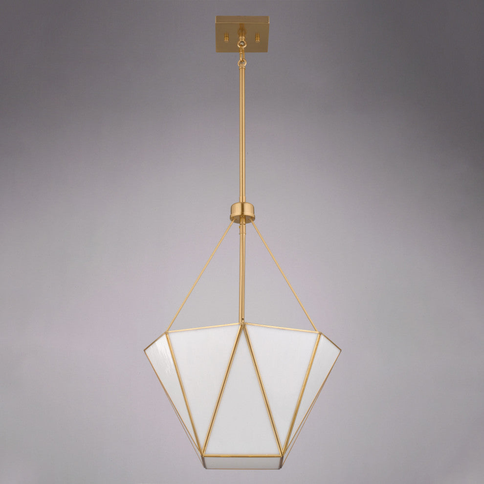 Burnett 3-Light Brass Mid-Century Modern Pendant, White Opal Tiffany Glass Shade
