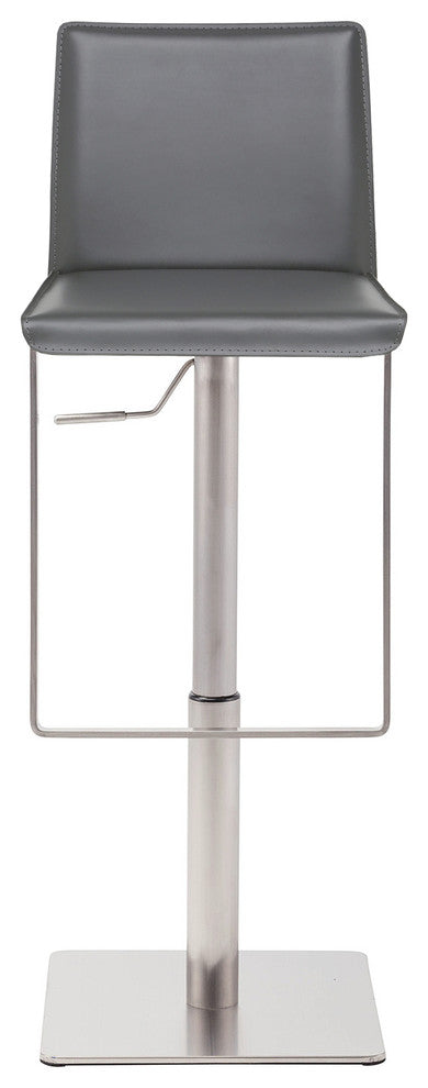 Kailee Adjustable Bar Stool, Brushed Stainless Steel, Leather, Gray