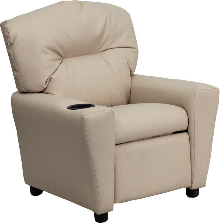 Kids Recliner With Cup Holder, Beige Vinyl