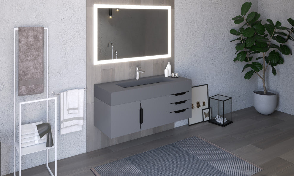 CastelloUSA Nile 48" Wall Mounted Vanity Set, Gray, Gray Top, Black Handles