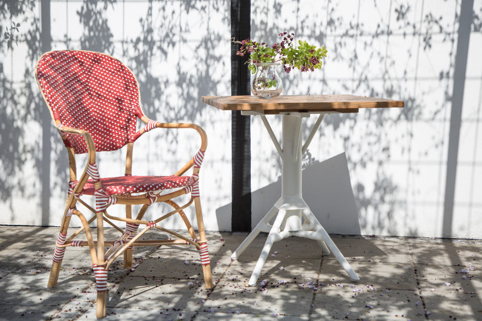 Nicole Outdoor Cafe Table, White Base, 28" Square Teak Top