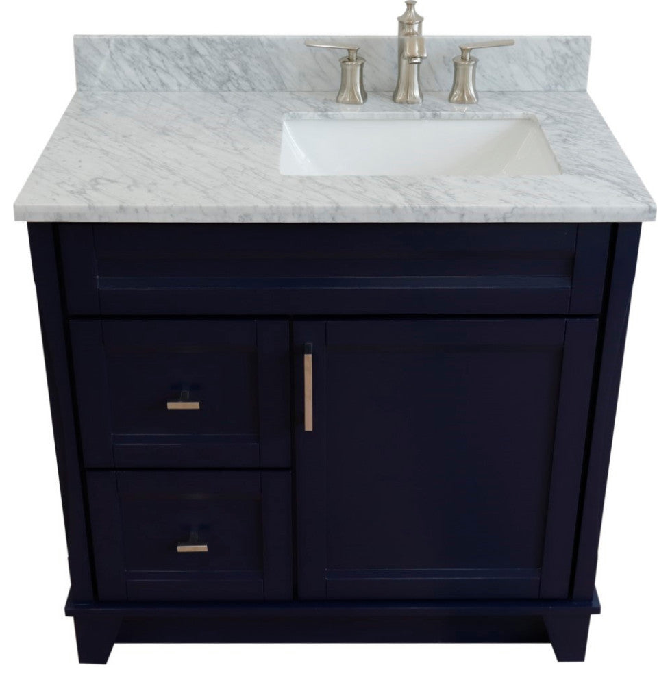 37" Single Sink Vanity, Blue Finish With White Carrara Marble