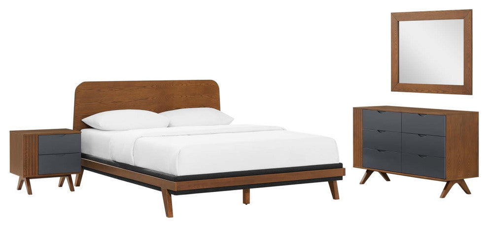 Platform Bed Dresser Chest Nightstand Set, Queen, Walnut, Wood, Modern