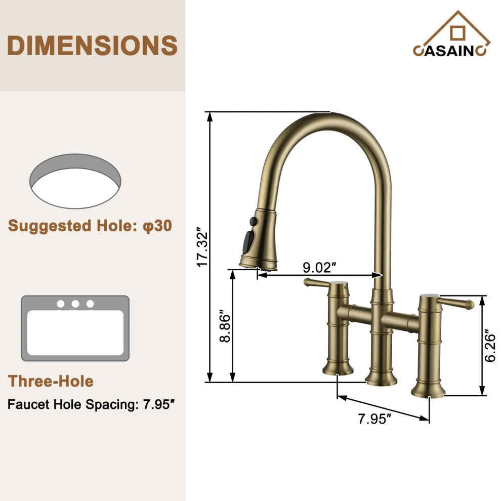 CASAINC Kitchen Faucet Centerset Bridge 3-Function 2-Handle Pull-Down Spray, Brushed Gold