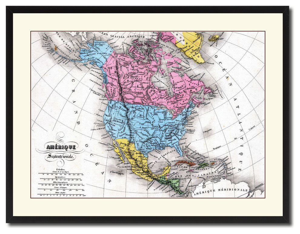 North America Canada Mexico Vintage Antique Map Wall Art, 28"x37"