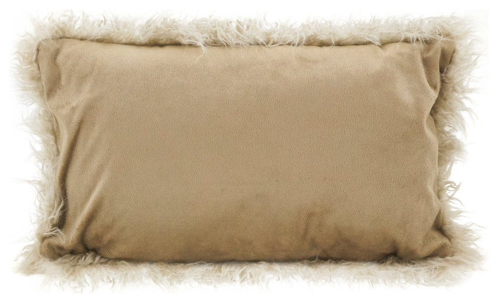 Mongolian Faux Fur Poly Filled Throw Pillow, Oatmeal, 12"x20"