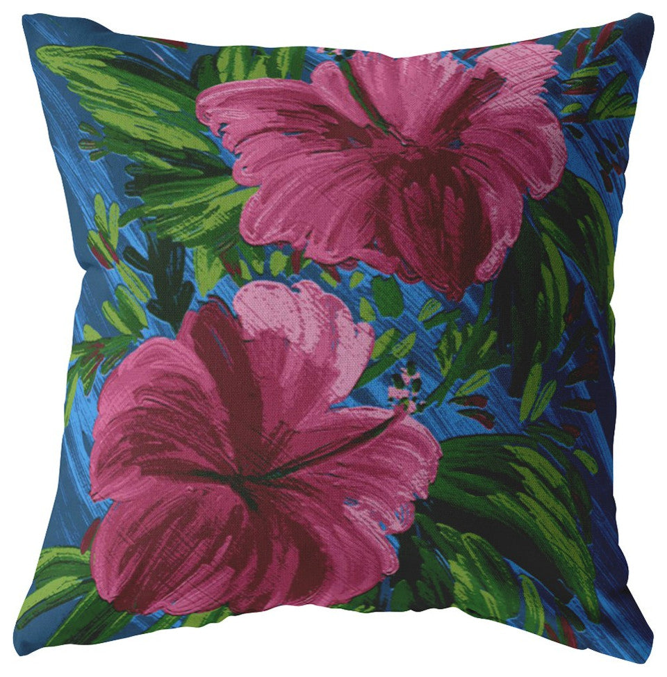 20 Pink Blue Hibiscus Suede Decorative Throw Pillow