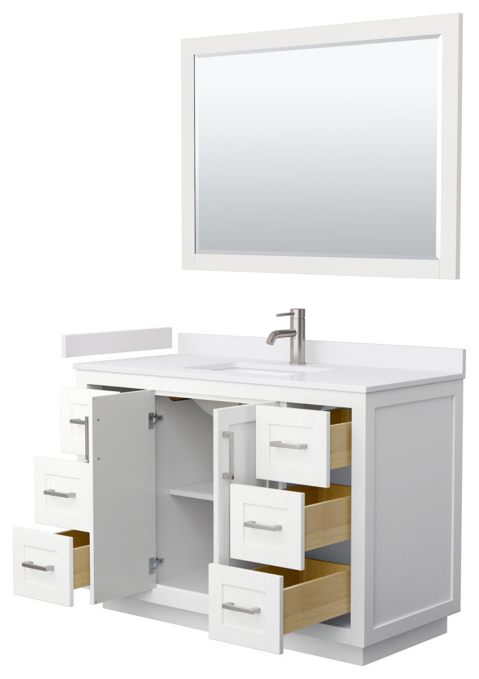 48"SGL Vanity White, White Cult. Marble Countertop, Sink, Nickel Trim, 46"Mirror
