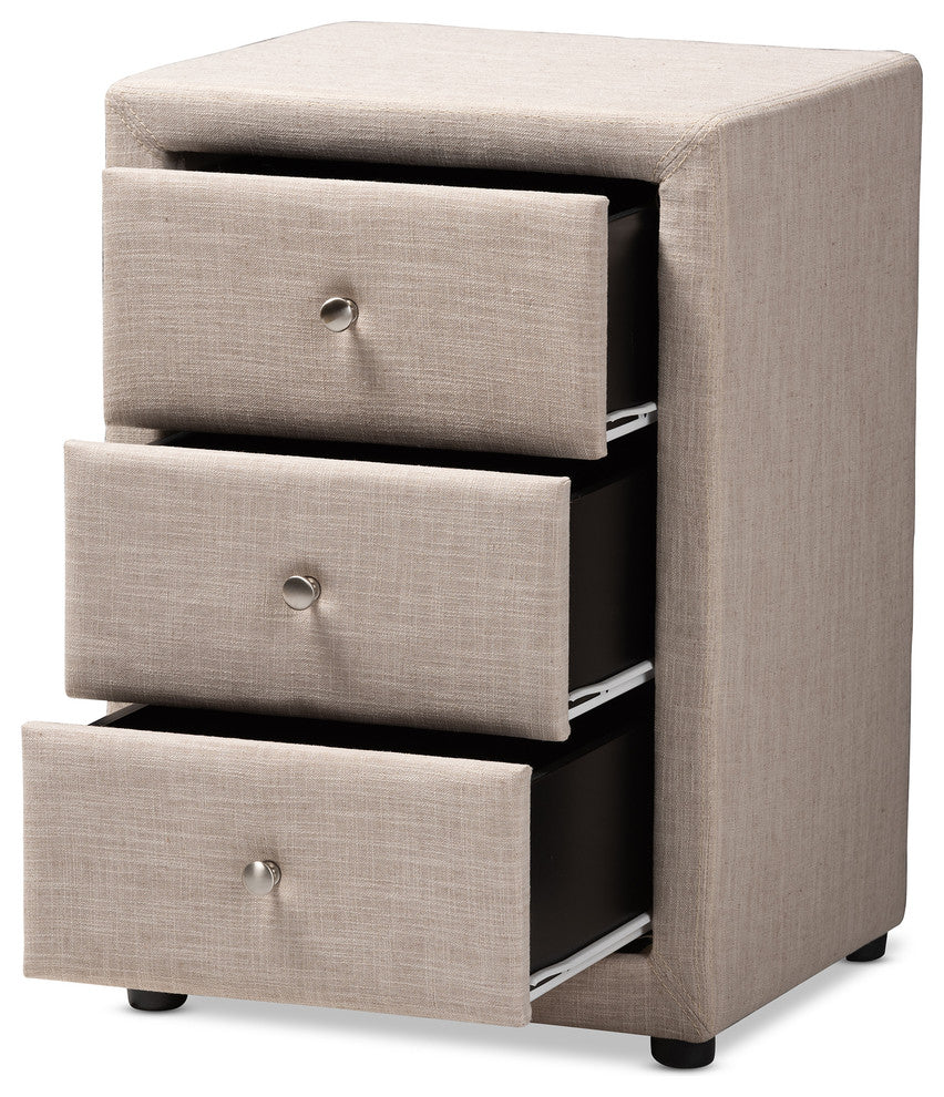 Tessa Modern and Contemporary Beige Upholstered 3-Drawer Nightstand