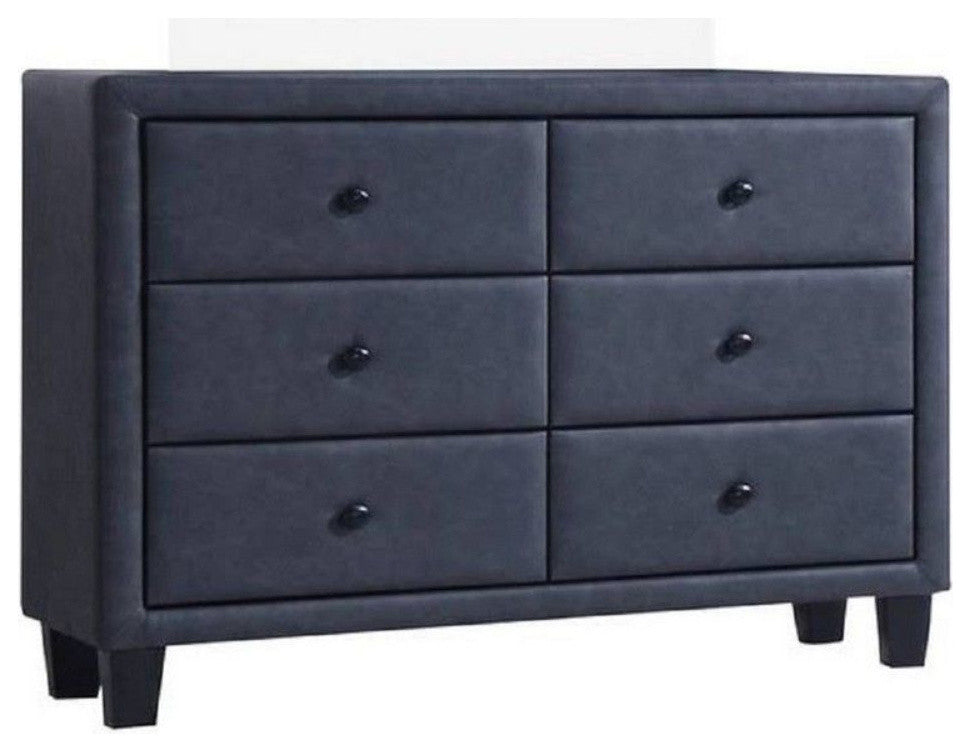 Polyurethane Upholstered Six Drawer Dresser With Wooden Tapered Leg, Gray