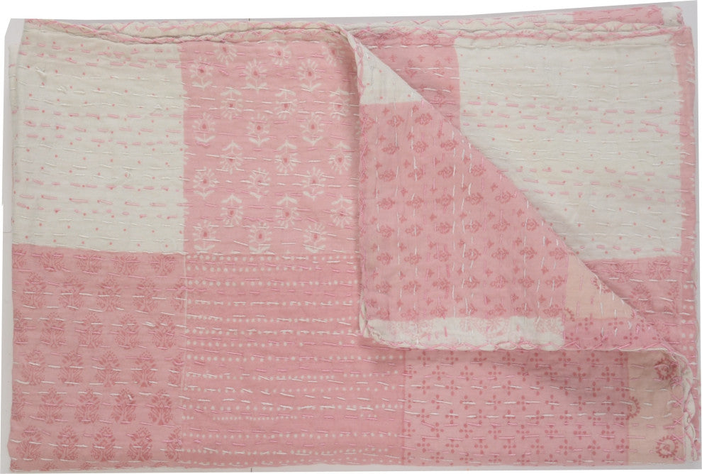 Soft Pink Kantha Coverlet, King 9'2"x8'