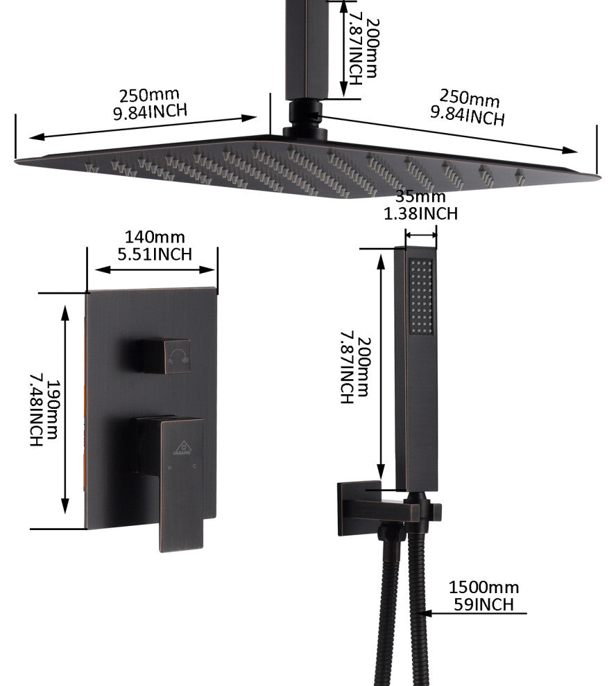 CASAINC 10" Ceiling Mount Dual Rainfall Shower Head Shower System Kit, Black