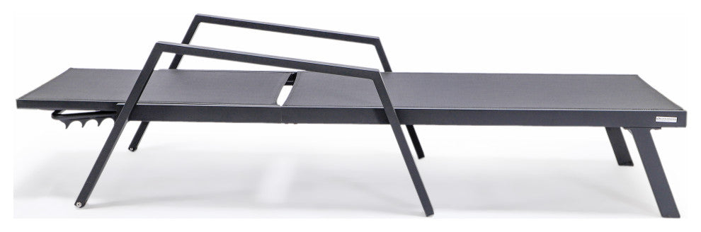 LeisureMod Marlin Chaise Lounge Chair With Arms and Fire Pit Table, Black