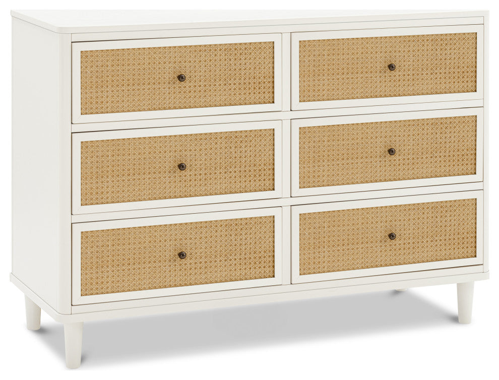 Marin With Cane 6 Drawer Assembled Dresser, Warm White/Honey Cane