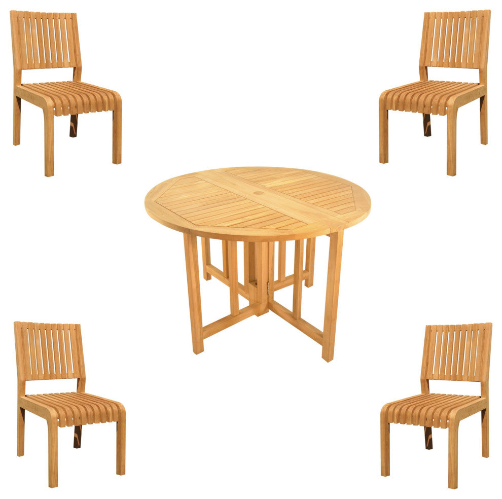 5-Piece Outdoor Teak Dining Set: 48" Butterfly Table, 4 Maldives Armless Chairs