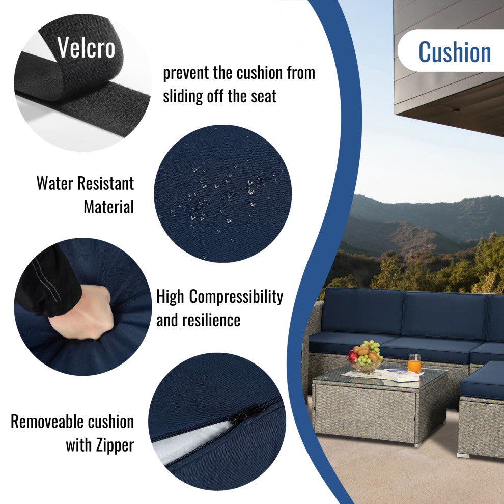 84" Wide Outdoor Wicker Reversible Patio Sectional With Cushions, Navy