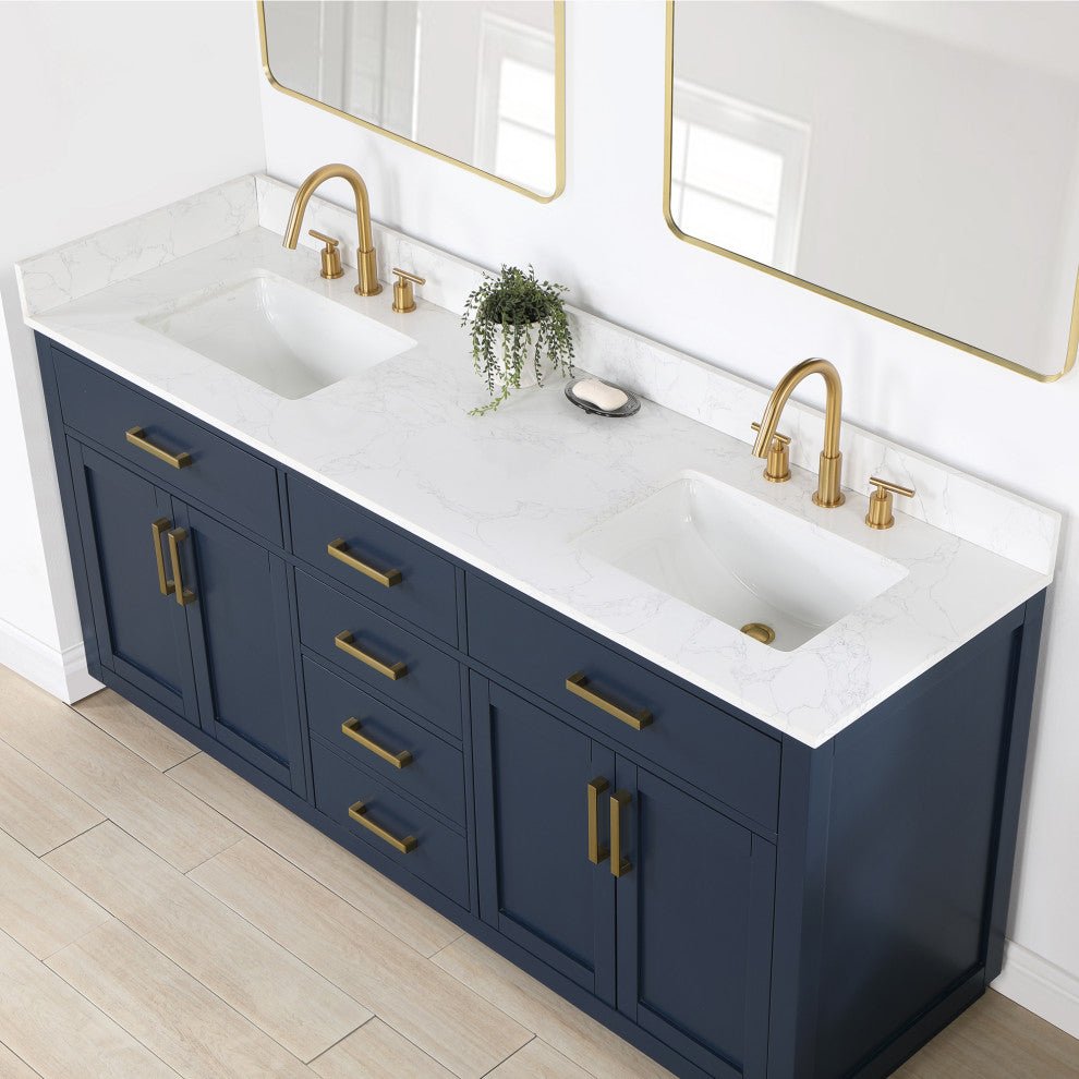 Gavino Vanity With Grain White Composite Stone Top, Royal Blue/Brushed Gold, 72", No Mirror