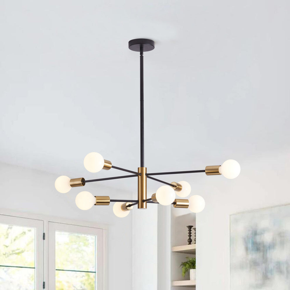 8-Light Modern Sputnik Ceiling Light Chandelier, Black with Brass Pendant Light