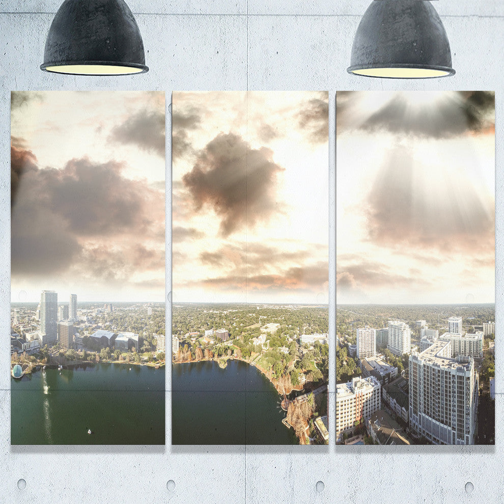"Downtown Orlando Sunset Aerial" Metal Wall Art, 3 Panels, 36"x28"