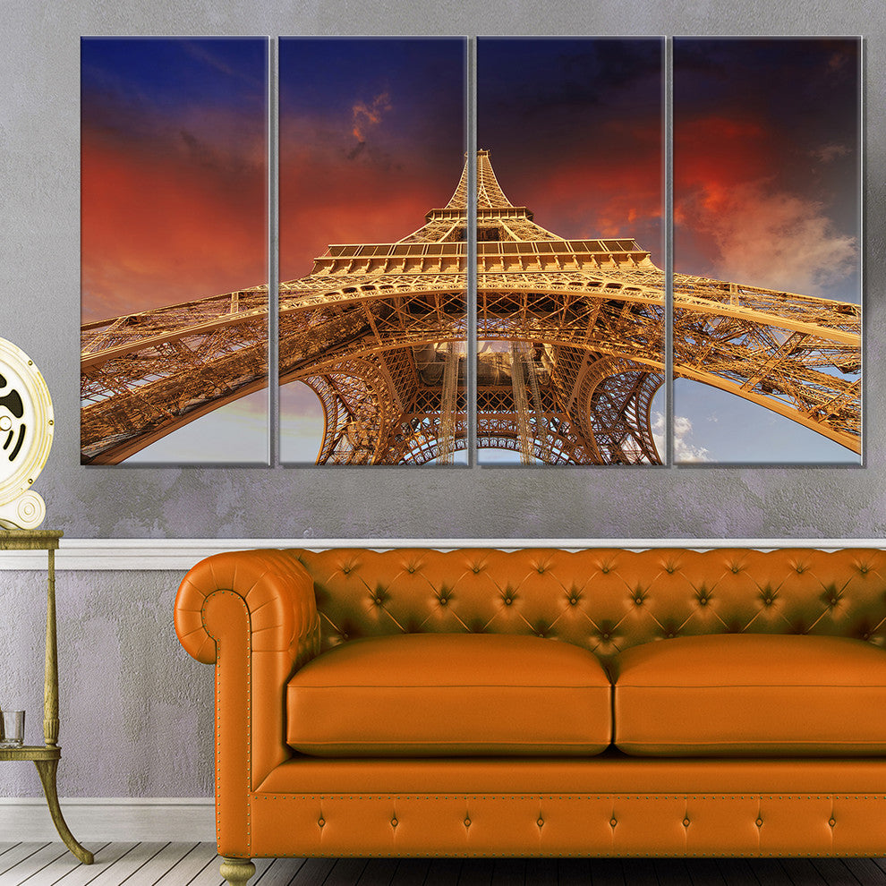"Beautiful View of Paris Eiffel Tower Under Red Sky" Wall Art, 48"x28", 4-Panels