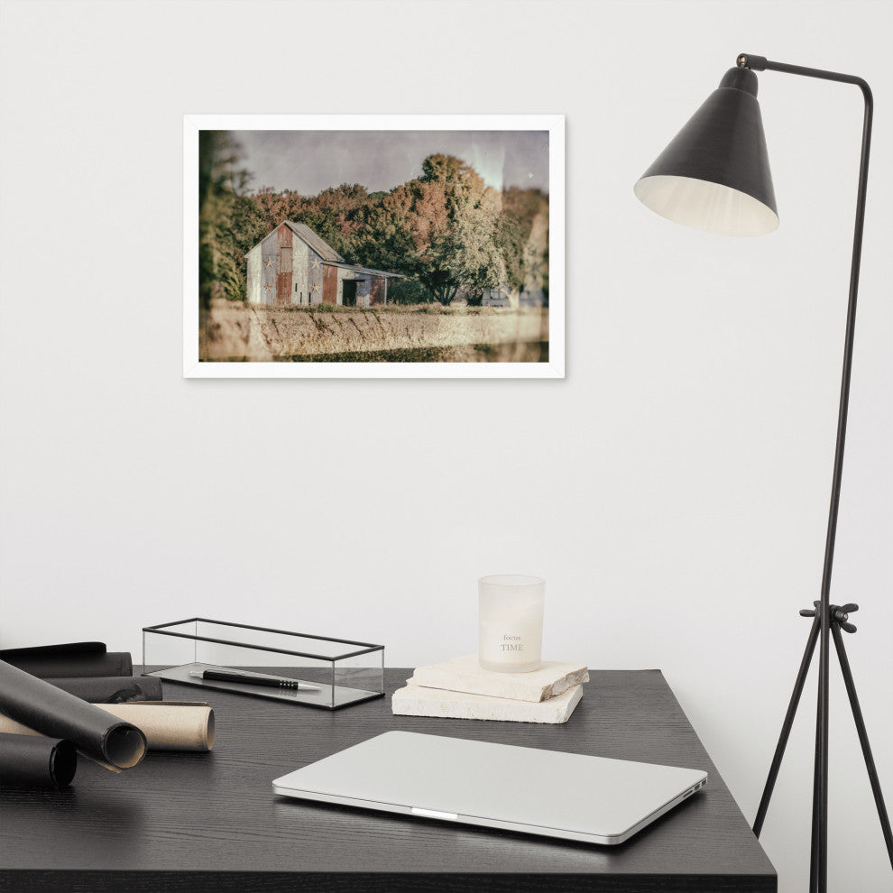 Patriotic Weathered Barn in Field Glass Plate Framed Photo Paper Wall Art Prints, White, 12" X 18"