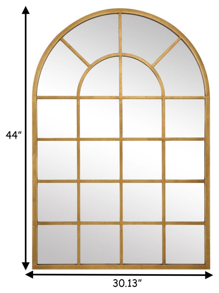 44 Inch Wood Wall Mirror, Arched Windowpane Shape, Antique Gold
