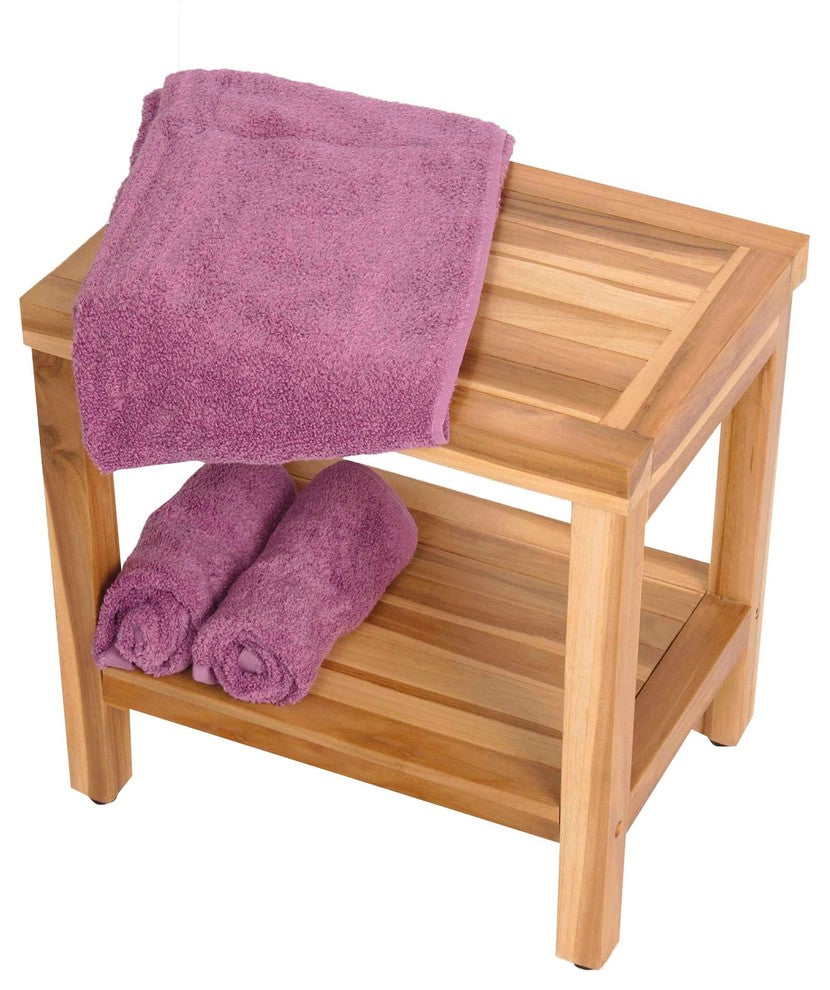 EcoDecors EarthyTeak Classic Teak Shower Bench With Shelf, 18"