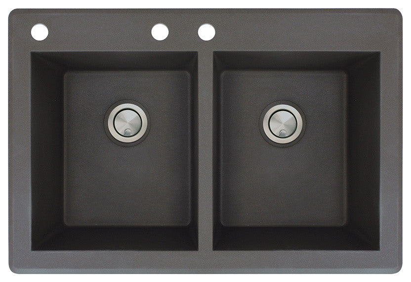 Radius 33" silQ Granite Drop-in Double Bowl Kitchen Sink with 3 Holes in Black