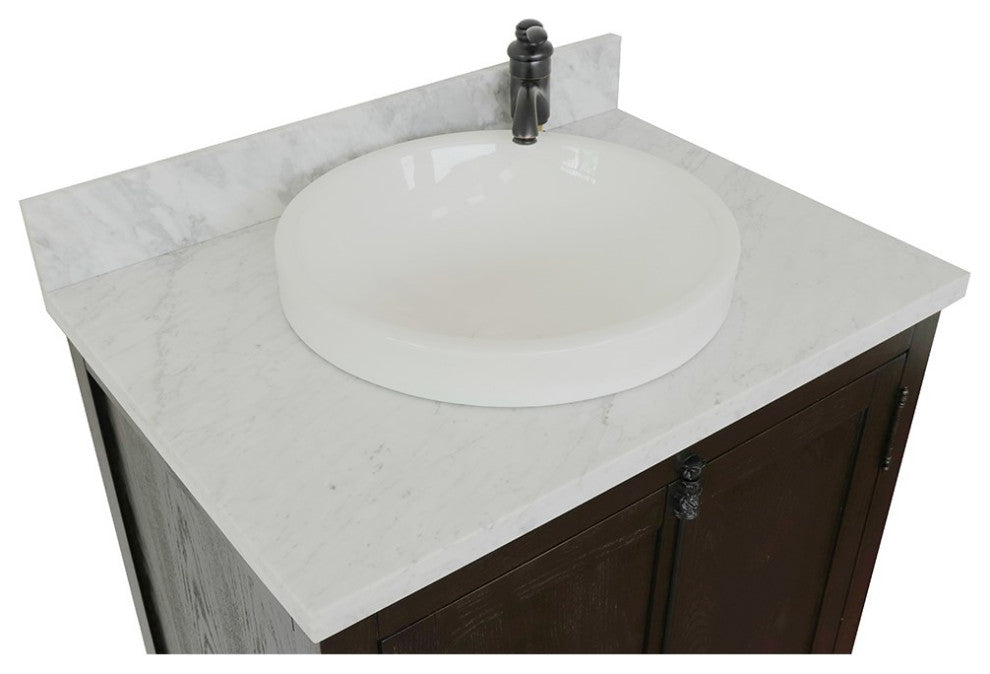 30" Single Vanity, Brown Ash, White Carrara Top, Round Sink