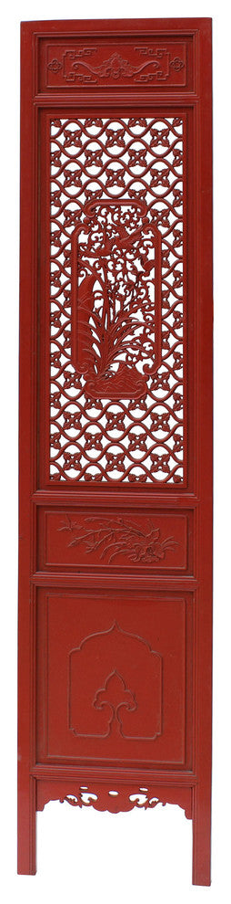 Chinese Red Geometric Flower Bird Accent Narrow Floor Panel Headboard