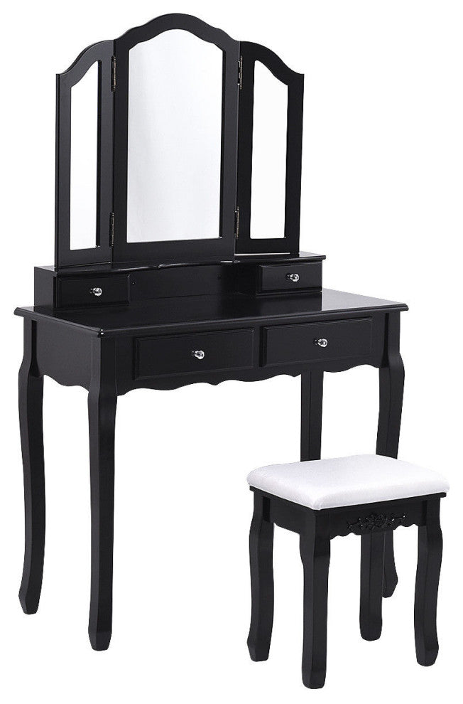 Costway Makeup Table Stool Set Tri Folding Mirror Vanity  Black